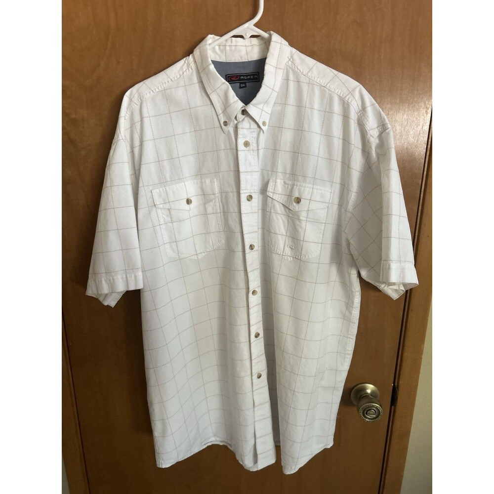 Roper Mens Shirt 2XL White/Tan Plaid Short Sleeve Western Rodeo